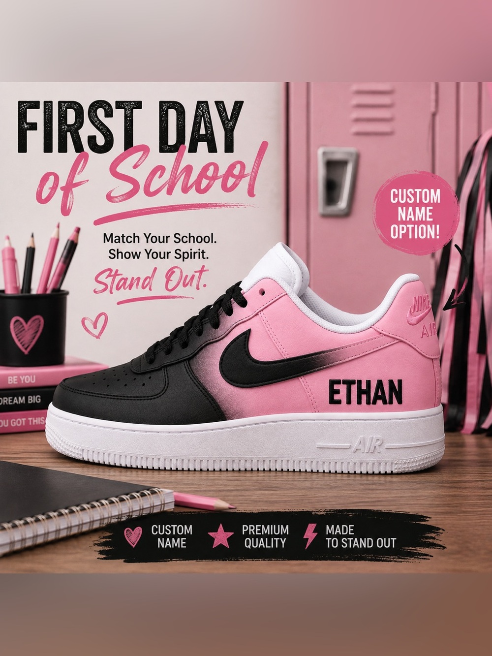 Custom School Spirit Nike Air Force 1 Shoes Personalized Back to School Sneakers